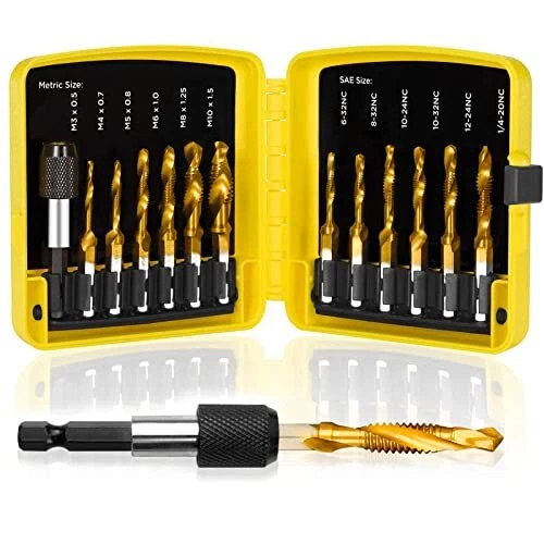 Tap Bit Set, 3-in-1 HSS Titanium Coated Drill Tap Combination, 13 PCS SAE/Met...