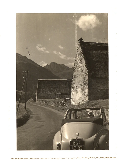 woman seated antique car Peugeot landscape - antique photo 1950 60