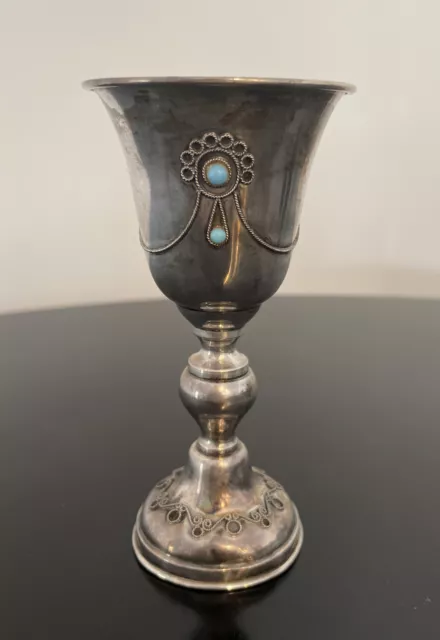 Sterling Silver Cup Shabbat Kiddush Israel Turquoise Filigree 5.5” Tall 60 grams