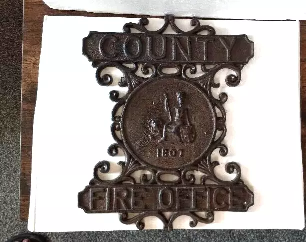 County Fire Office Cast Iron Sign 1807 Fireman Home Office