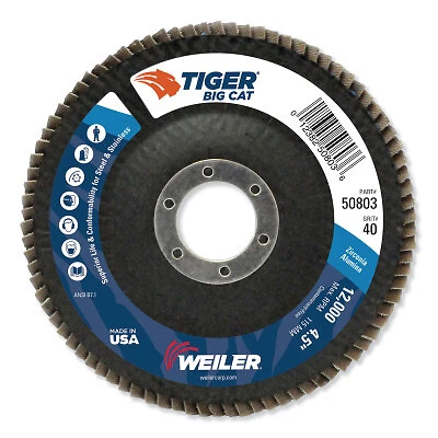 Tiger Big Cat High Density Flap Disc, 4-1/2 in Dia, 40 Grit, 7/8 in Arbor,