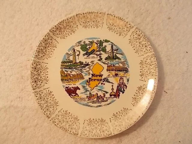 Vtg New Jersey 7 1/4" Various Attractions Ivory Gold Souvenir Porcelain Plate