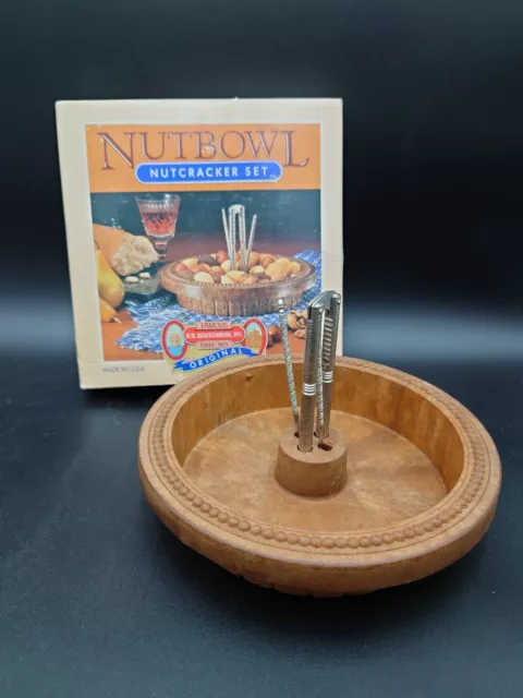 Vintage H.M. Quackenbush Rustic Nut Bowl Nutcracker Pick RARE Set Made in USA NY
