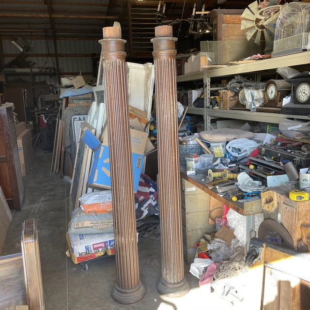 AN pair antique oak fluted columns 10.5 to 7.5 x 77.25 H
