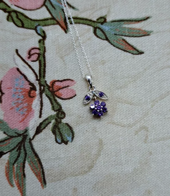 Sterling Silver 925 Dainty Necklace Chain and Dangly Flower Amethyst Pendant 18"