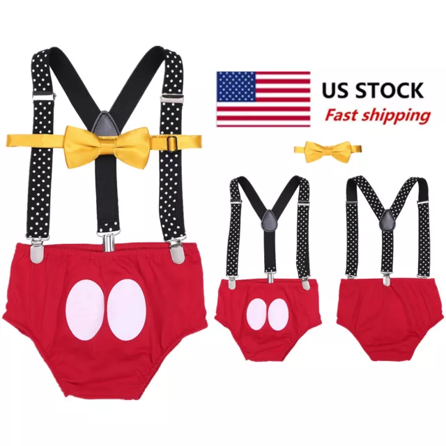 US Baby Boy 1st Birthday Cake Smash Outfit Suspender Pants Bowties Photo Props