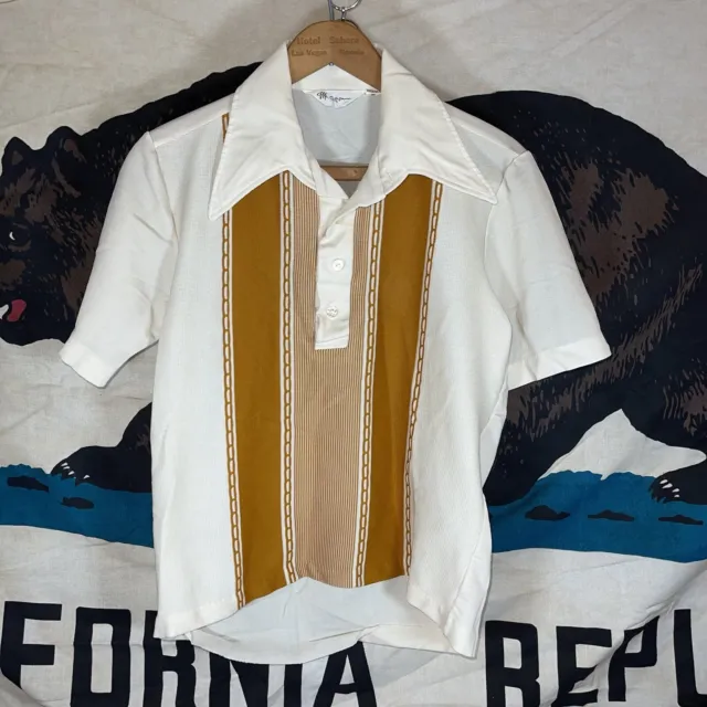 Vintage 50s 60s Mr California Polo Shirt Vertical Stripe Medium Beige 18.5x21