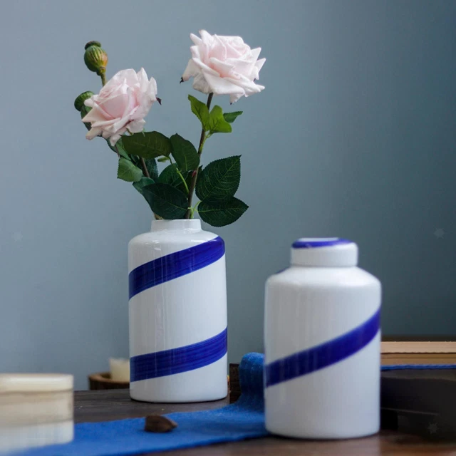 Blue Stripe Porcelain Flower Vase with Lidded Jar Decoration Topped Home Accent