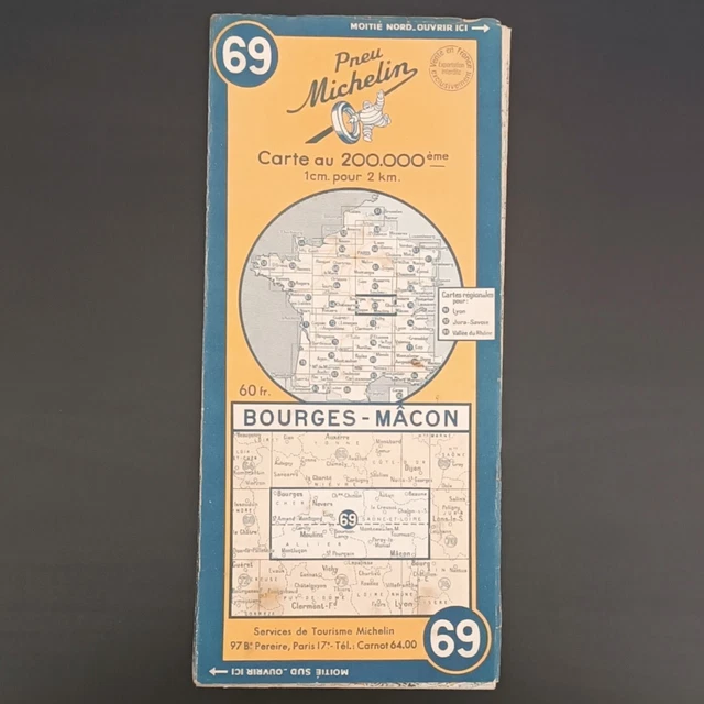 Carte Michelin N°69 – Bourges Mâcon – 1944 – Échelle 1/200 000 – Bel état