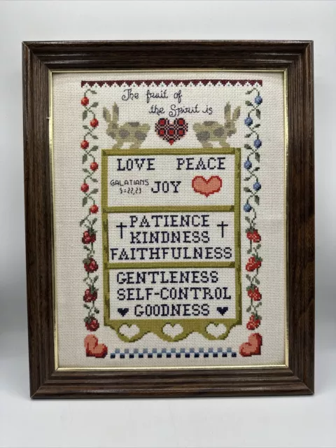 Completed Framed Cross Stitch Fruit Of The Spirit Bible Verse Multi Color