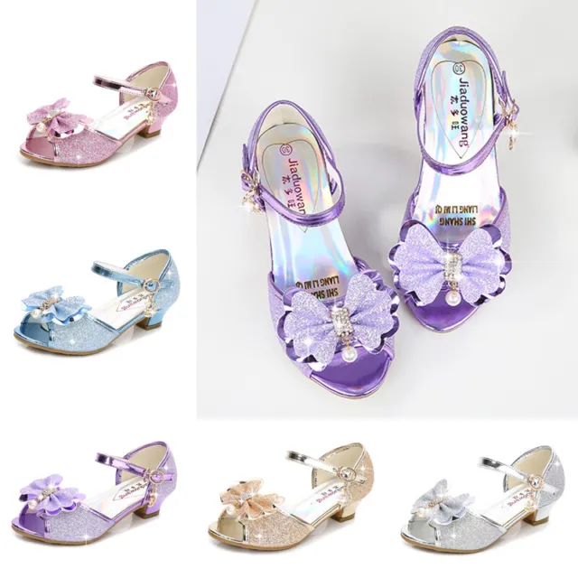 Kids Girls Glitter Peep Toe Princess Shoes Sequin Low Heels Party Dance Shoes