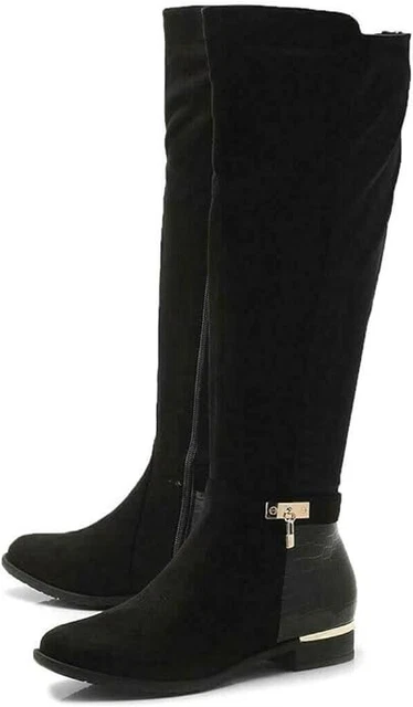 Bottes Femmes Hauteur Genou Extensibles - Noir - Talon Plat - Fermeture éclair Et Boucle