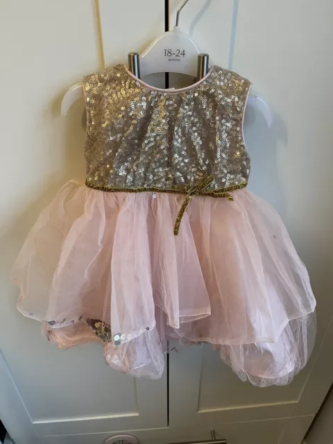 Stunning Monsoon Baby Girl Pink & Gold Sequin Party Dress - Age 3 - 6 Months