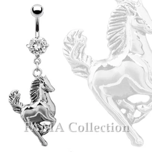 FAMA 316L Surgical Stainless Steel Horse Navel Belly Ring with Round Clear CZ