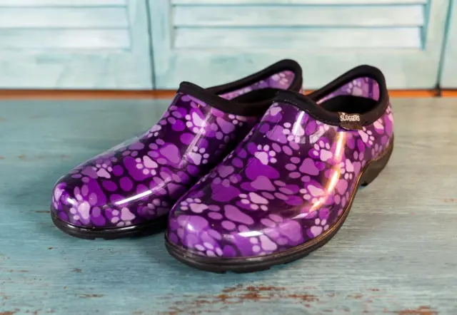 Women's Sloggers Gardening Slip on Clogs Shoes Size 8 Purple Dog Paw Track Print