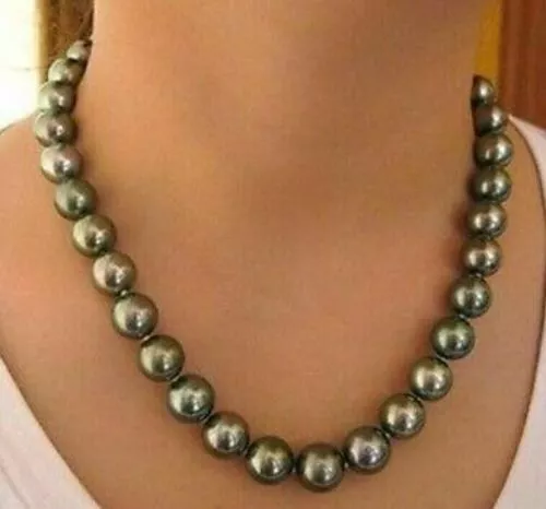 gorgeous AAAA 11-10 mm round tahitian  green black pearl necklace 18 inch 14k