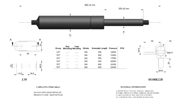 Universal Schwerlast Gasstreben 200-1000 Mm 800N-2500N Kugelgelenk Oder Öse