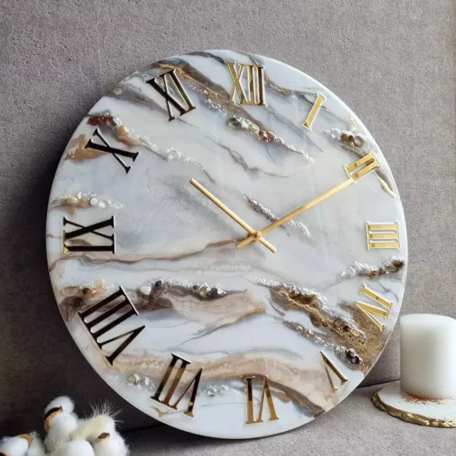 Resin Wall Clock for Home Decor White and Golden Abstract modern design