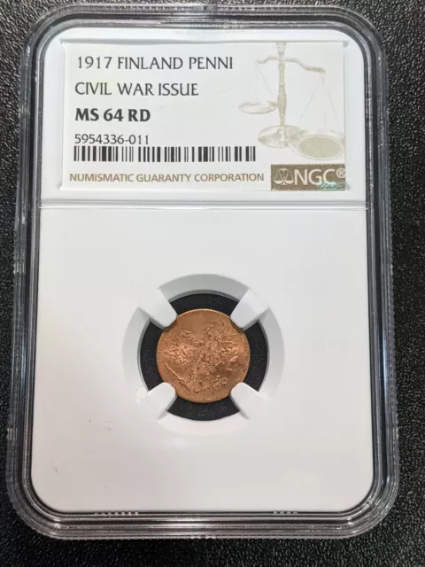 1917 MS64 RD Finland Copper Penni NGC KM 16 UNC Civil War Issue 1 Year Type