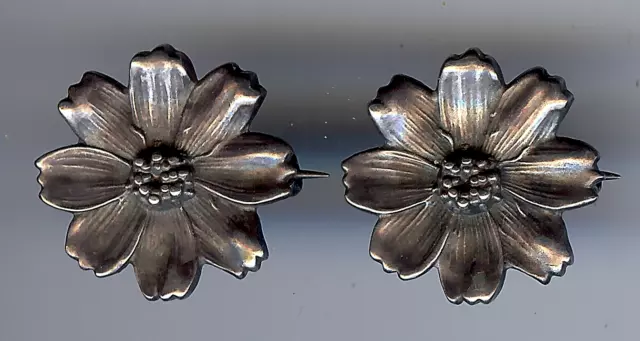 Unger Brothers Antique Art Nouveau Sterling Silver Pair Of Flower Pin Brooch