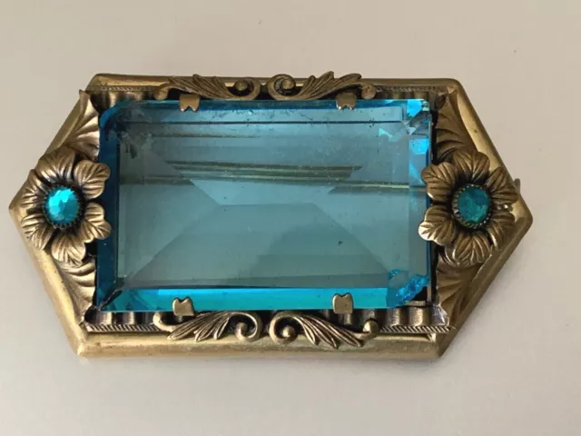 Remarkable Victorian French Brooch - Aquamarine (?) Glass ?, Floral ornament 6cm 2