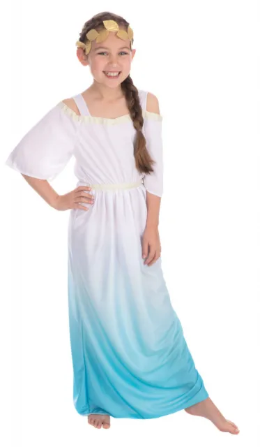 Costume Abito Greco Romano Antico Egitto Bianco Toga Blu Ragazze Bambini 4-14
