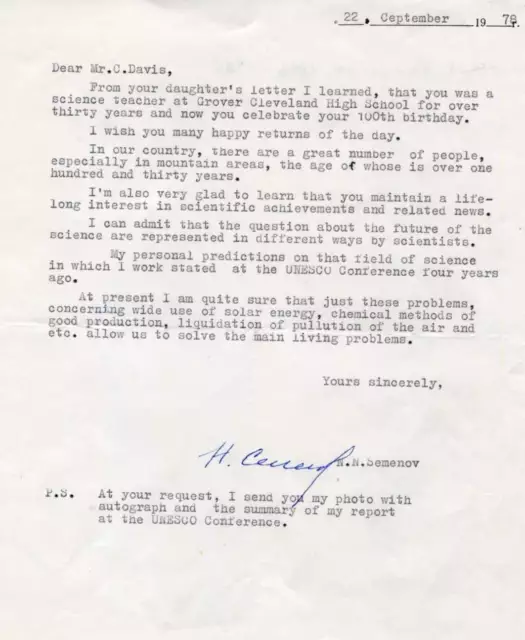 CHEMIST Nikolay Semjonov autograph, Nobel Prize 1956, typed letter signed