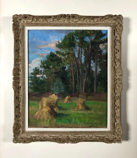 Tableau Ancien Signé Rey Durandot, Paysage Aux Meules, Cadre Montparnasse, XXe