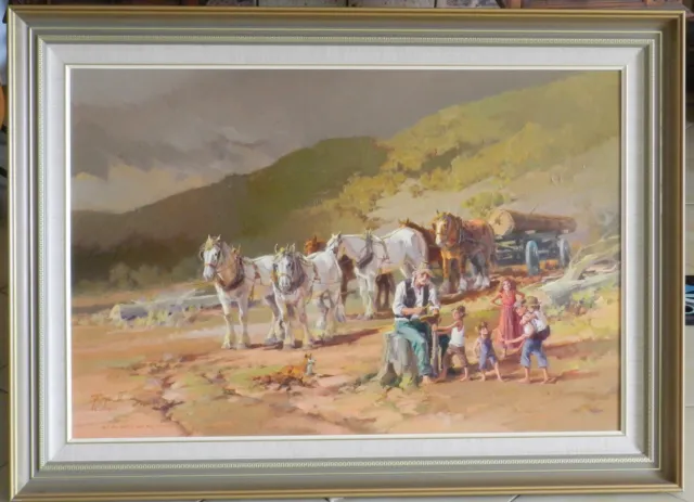 Bob Booth (1927-2003) Large Original Oil Painting Old Cobbler & Horse Log Wagon