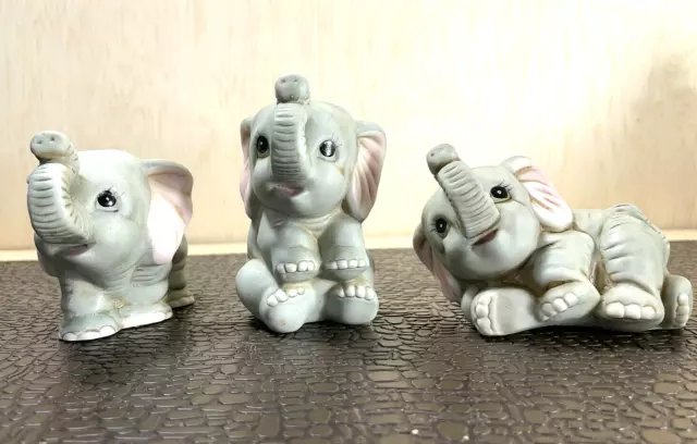 Vintage Homco Set of 3 Porcelain Elephant Figurines, Cute as can Be! *