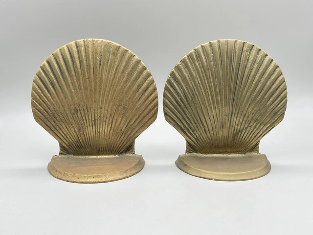 Vintage Solid Brass Seashell Clam Shell Nautical Bookends