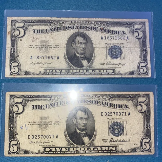 ☆$5 Five Dollar Blue Seal Lincoln Dollars ☆Red Certificate Old Money☆ 1953☆