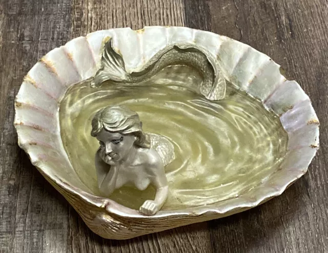 Mermaid in Seashell Polystone Resin Figurine Beach Fantasy Collectible Soap Dish