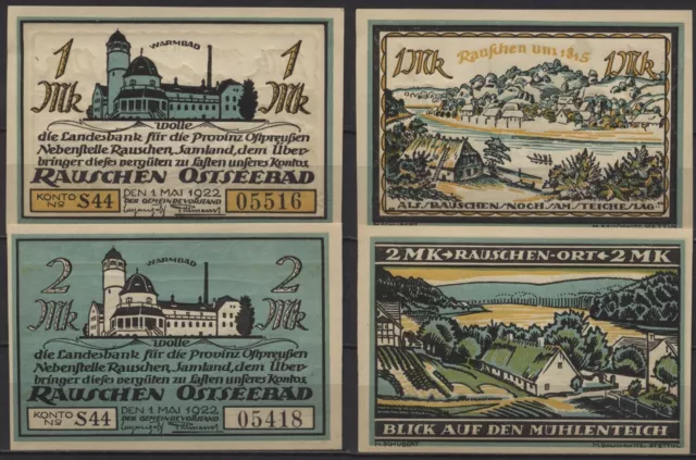 [23113] - 2 x Notgeld RAUSCHEN OSTSEEBAD (heute: Swetlogorsk), Stadt, 1 + 2 Mark