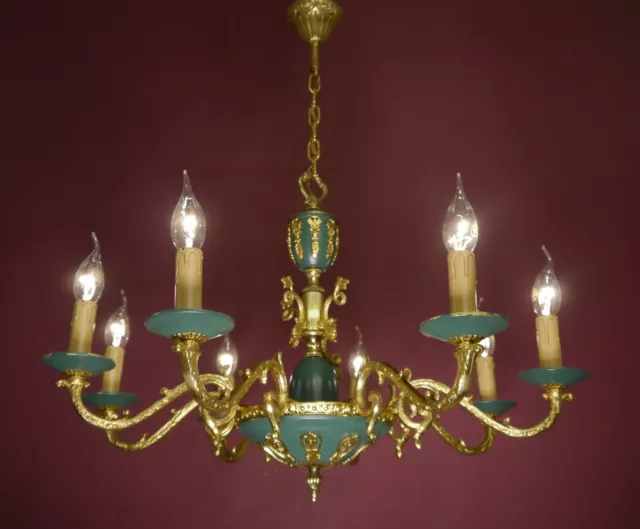 EMPIRE CHAnDELIER MEDIUM 8 LIGHTS BRASS GREEN VARNISH LAMP FRENCH OLD Ø26"