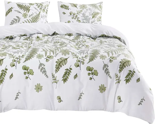 - Leaves Comforter Set, Green Plant Botanical Tree Leaf Pattern Printed on White