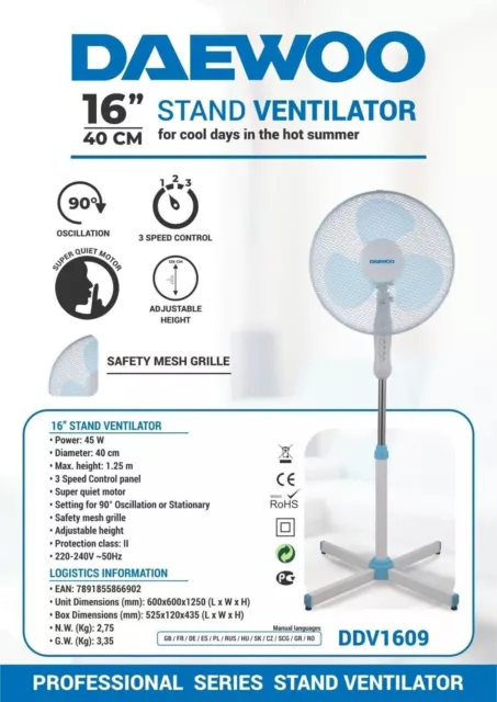 Standventilator Ventilator Windmaschine Luftkühler Oszillierend 45W Weiß Lüfter