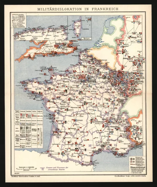 Militärkarte anno 1907 - Frankreich Armee Streitkräfte Truppen Festungen Forts