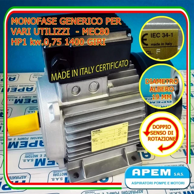 Motore Elettrico Monofase 1 HP (0,75 KW) 1400 Giri, Piedini B3, 230V | Marca Elmar, Per Macchinari Vari - Foto 7