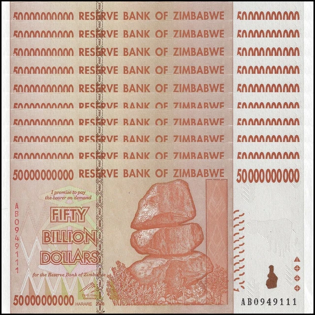 Zimbabwe 10 x 50 Billion Dollars 2008 - Pick- 87 UNC Lot 10 Pcs