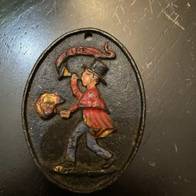 Miniature 3” Cast Iron Fire  Mark Fireman’s Insurance Plaque Playing Bugle