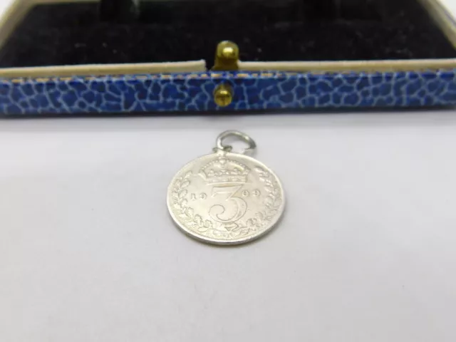 Edwardian Sterling Silver Threepence Coin Charm Pendant Antique 1909