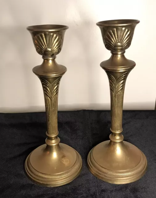 Vintage Pair of Brass Candlestick Holders 9.75" tall 4" diameter base  heavy