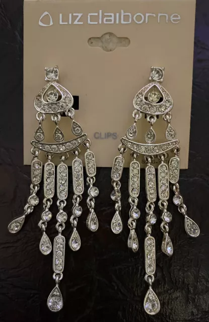 Liz Claiborne Silver Tone Rhinestones Dangle Earrings Clips