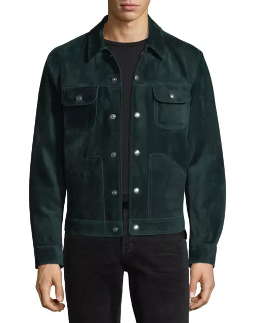 HANDMADE SUEDE 100% Leather Men Button Jacket Designer Lambskin ...