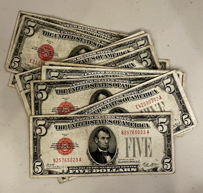 ☆1928 $5 Red Seal Bill Jefferson Dollars ☆Rare Certificate Two Old Note Money☆