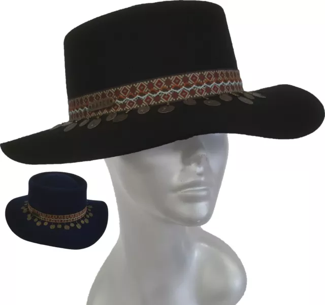 Fabric band metal appliques fedora hat men women felt hat wool Navy