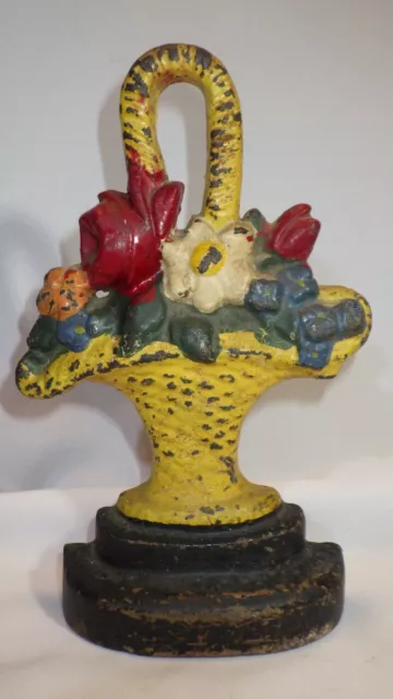 Antique 8" Tall Cast Iron Flowers Floral Yellow Basket Doorstop - Hubley? Antique 8" Tall Cast Iron Flowers Floral Yellow Basket Doorstop - Hubley?