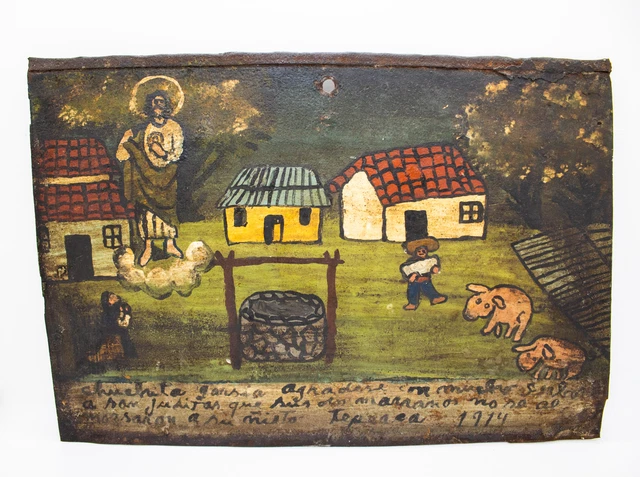 1914 Mexican Revolution Original Jesus Village Pig Farm Folk Art Painting