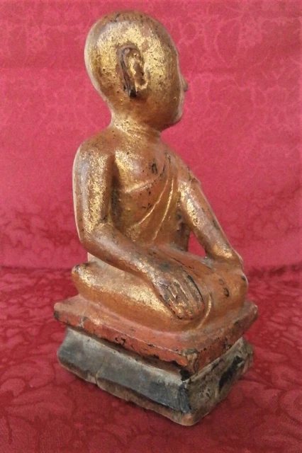 Buddha Disciple Sariputra 19th C. Carved Gilt Wood Statue Burmese Buddhist Art 6